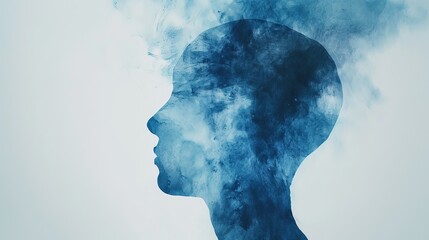 A striking silhouette of a human profile depicted with blue watercolor smoke against a clean white background, evoking a sense of dreaminess and introspection.