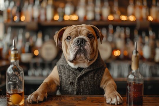 A Sophisticated Labrador Retriever Sips From A Bottle Of Beer At A Cozy Wooden Bar, Embodying The Perfect Balance Of Pet And Drinking Buddy