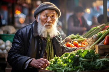 Generative AI image of elderly Asian man at a vegetable market