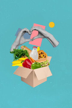 Naklejki Collage 3d image pinup retro sketch of hands heart gesture carton box grocery food shopping weird freak bizarre unusual fantasy billboard
