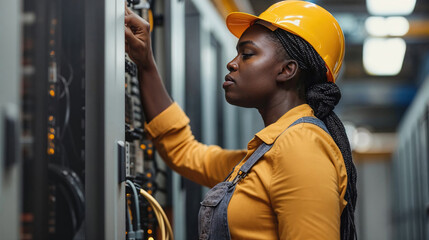 Female technician inspecting server in data center. Generative AI image