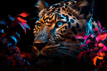 Generative AI illustration of intense close-up of a jaguar face with striking blue eyes camouflaged by vivid red and purple foliage in the dark