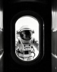 Generative AI image of an unrecognizable astronaut interacting with advanced control panels and monitors aboard a space station, showcasing the intricacies of space technology