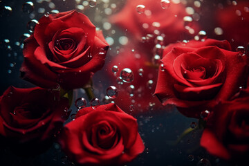 AI Generated Image of closeup of red roses underwater with water bubbles on petals