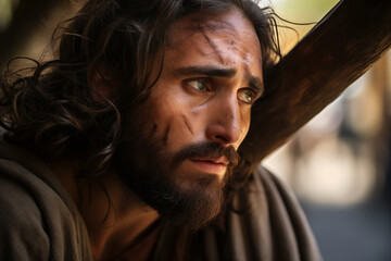 AI Generated Image of side view of sad Jesus Christ with beard and dirty face looking away while carrying wooden cross against blurred background - obrazy, fototapety, plakaty