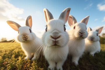 AI Generated Image of Close-up wide-angle view on a group of cute Easter bunnies on a spring meadow while looking at camera