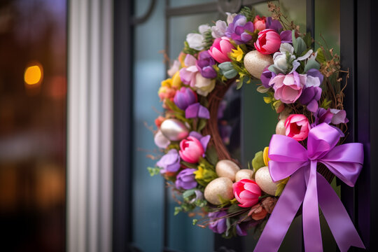AI Generated Image of Easter wreath with decorative Easter eggs, ribbons and flowers hanging on a door