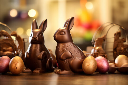 AI Generated Image of Chocolate Easter bunnies and eggs on a wooden table against blurred background