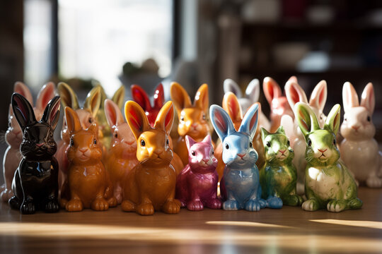AI Generated Image of Numerous colorful Easter Bunny toys placed on a wooden table against blurred window indoors