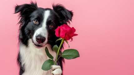 Cute Border collie dog holding a red rose flower in his mouth for Valentine's day, studio photo on pink background
