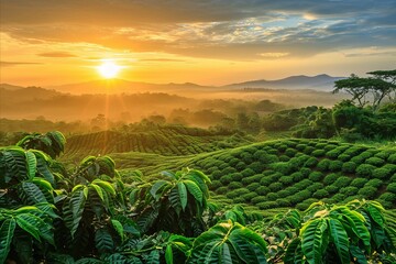 Coffee plantation fields at beautiful sunrise in morning - obrazy, fototapety, plakaty