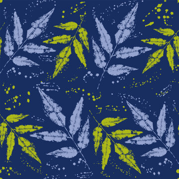 Texture stamped leaves and paint splashes, blots. Vector seamless pattern. Imprints of leaves. Great for fabric, wallpaper, wrapping paper, surface design.