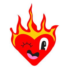 A hot fiery red heart with a flame winks at its beloved. Retro pop sticker. Flat doodle style. Vector illustration.