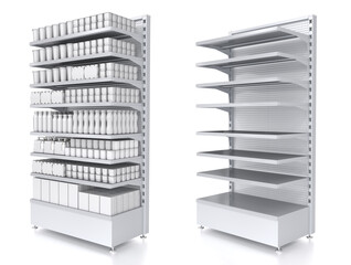 Store shelves with blank dairy products, empty shelves for your goods. Design template for mock up. 3d illustration