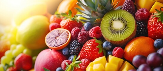 Fresh ripe colorful fruits assorted with rich vitamin nutrition healthy food for background. - obrazy, fototapety, plakaty