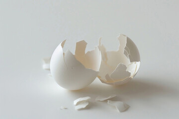 An isolated broken eggshell on a pristine white canvas