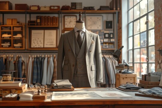 An elegant mannequin stands tall in a stylish suit, surrounded by furniture and clothing hangers, creating a sophisticated atmosphere in the indoor store