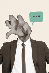 Vertical magazine photo collage of headless businessman with hands instead show gesture communicate...