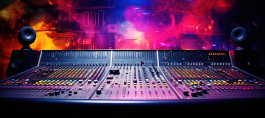 Sound audio mixer panel in recording studio scene. AI generated image - obrazy, fototapety, plakaty