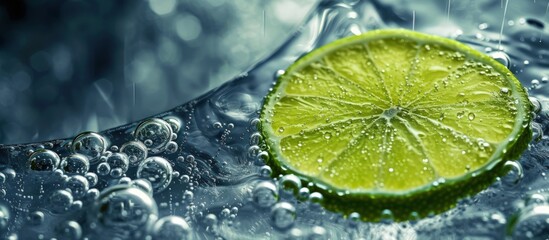 Fresh green lime slice fruit splashing in transparent water soda with bubbles drink background - obrazy, fototapety, plakaty