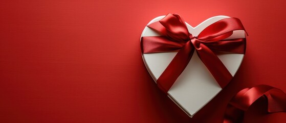 White heart shaped gift box on red background is prominently displayed wrapped with an elegant red ribbon tied into a bow