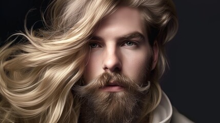 A man with long hair flying in the wind in fashion editorial style. Men's modern hairstyle - obrazy, fototapety, plakaty
