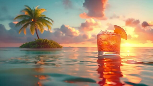 Tropical cocktail in ocean and small Island on the background. tropical drink with clear blue ocean wave. Travel vacation paradise banner panorama background copy space on blue sky Summer travel