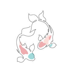 Two traditional Japanese koi carp fish top view on a white background in abstract linear drawing style. Vector illustration of one line.
