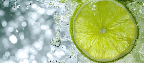Fresh green lime slice fruit splashing in transparent water soda with bubbles drink background