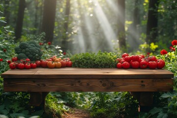 A rustic wooden table adorned with an abundance of vibrant fruits and vegetables, surrounded by the natural beauty of a garden in autumn, invites one to savor the simple pleasure of whole foods while