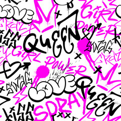 Seamless pattern street black and pink graffiti Queen elements in grunge style. Symbols of feminism. Urban savage spray paint. Install a creative vector teen design for a T-shirt or sweatshirt.