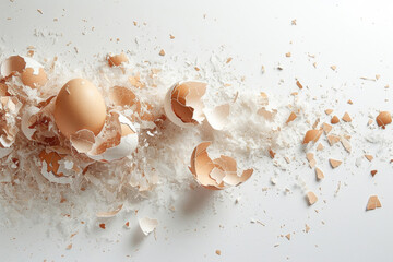 Obraz na płótnie Canvas A chaotic arrangement of broken eggshell fragments, frozen in silent beauty on a white backdrop