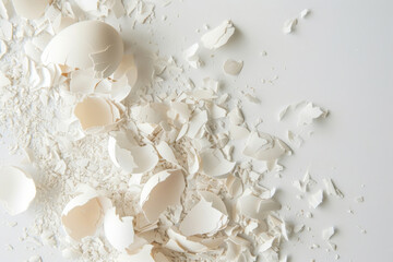 A chaotic arrangement of broken eggshell fragments, frozen in silent beauty on a white backdrop