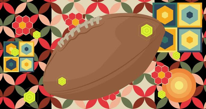 Retro 70s Background animation with American Football. Groovy sport 1970s art video. Minimalistic Vintage design, old-fashioned color artwork.