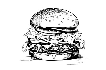 Burger hand drawn ink sketch. Engraved style vector illustration.