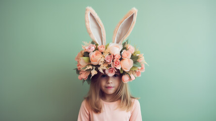 Naklejka premium Cute little child wearing bunny ears holding flowers on Easter day .
