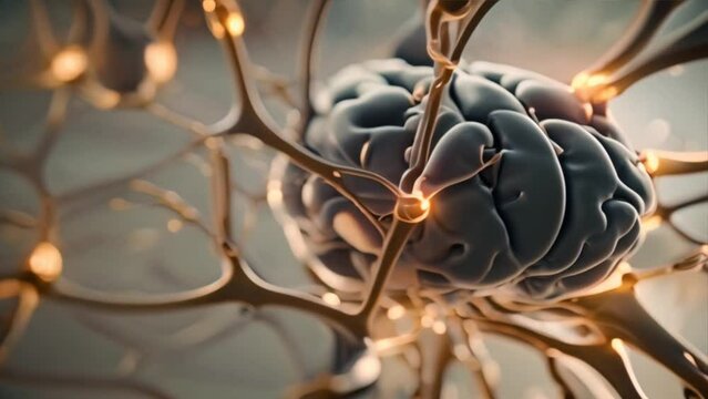 Flying through the human nervous system close to pulsing nerve cells between axons with synapses and moving impulses. Science and neurobiology