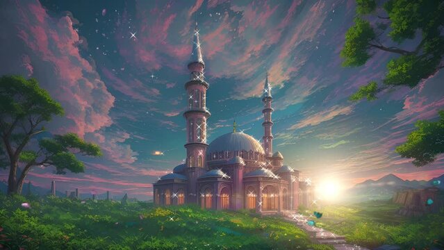 illustration of a mosque Ramadan background. Seamless and looping digital Painting animation style