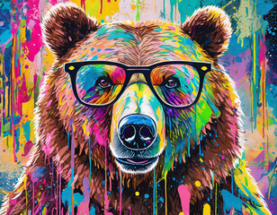 Close-up portrait of a bear wearing glasses. Digital art of a multi-colored grizzly bear, graffiti...