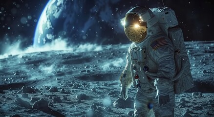 A lone astronaut, clad in a pressure suit, explores the desolate lunar landscape in this action-packed digital compositing for a thrilling pc game set in space