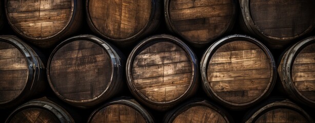 Obraz premium Old wooden whiskey, scotch, wine barrels stack in a warehouse. AI generated image