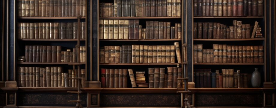 The wall full shelf of ancient books and manuscripts in library room vintage style. AI generated