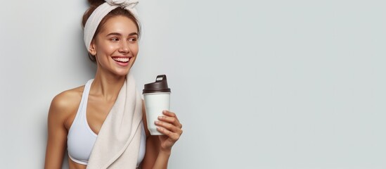 Portrait happy young woman in sportswear, white towel, holding healthy drink after gym. AI generated - 723187333
