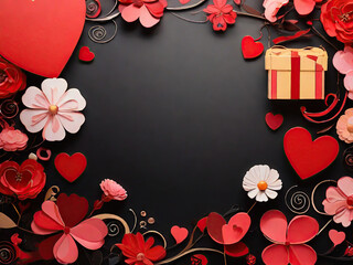 A beautiful Valentine's Day card with elements such as gifts, hearts, ribbons, and flowers on a pink-red background.