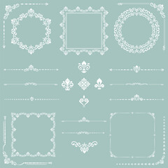 Vintage set of vector horizontal, square and round elements. Elements for backgrounds and frames. Classic light blue white patterns. Set of vintage patterns