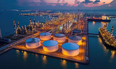 Aerial view oil terminal storage tank, White oil tank storage chemical petroleum petrochemical refinery product at oil terminal, 