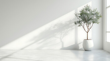 a white room with a tree in a white vase in