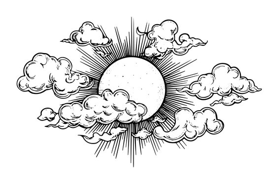 recommend clip art: Sun with clouds hand drawn ink sketch. Engraved style vector illustration.