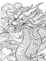 Chinese dragon in zentangle style for tattoo. Vector generative ai, black lines, coloring book