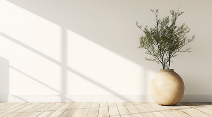 a white room with a wooden floor and a plant in an up
